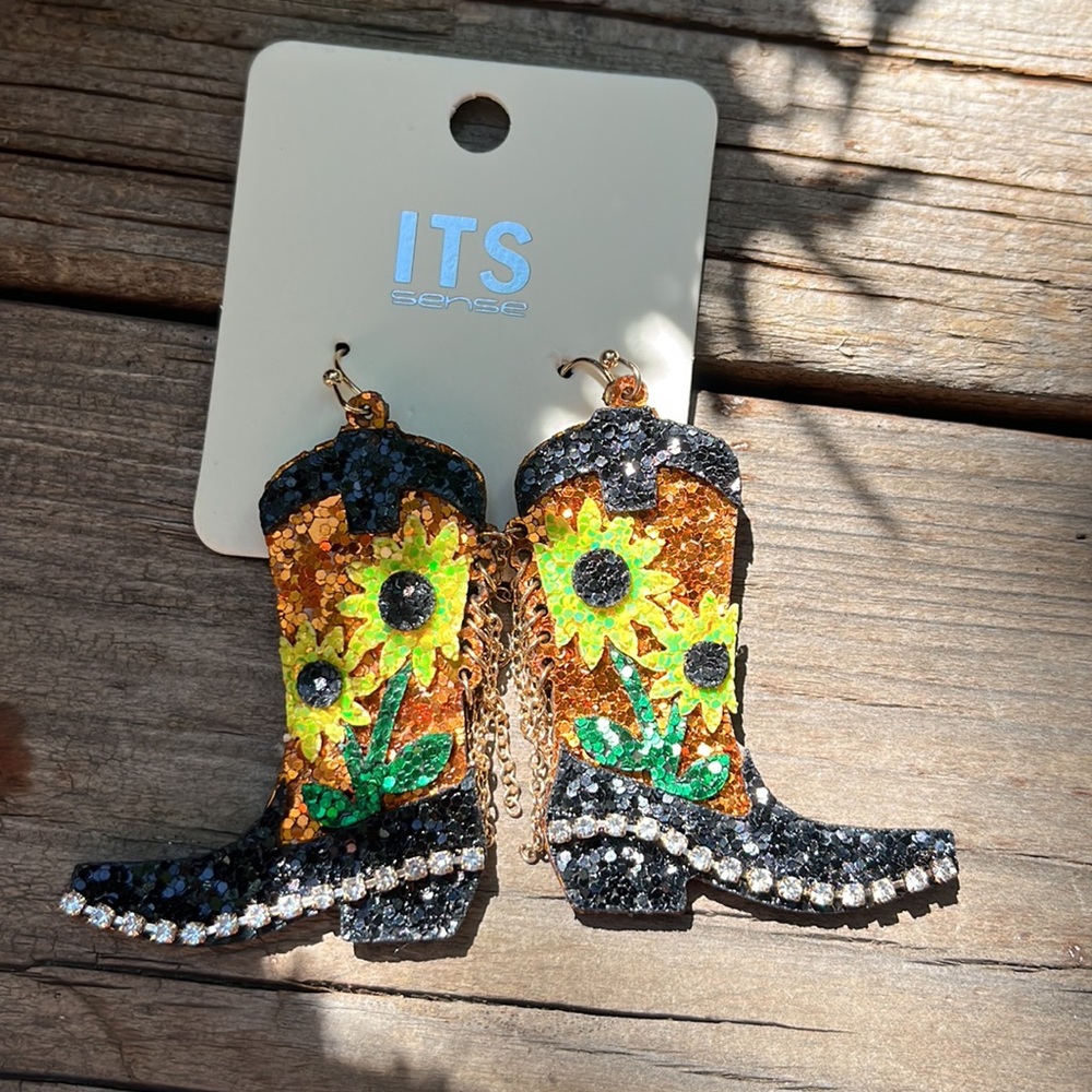 Glitter Sunflower Black Boot Earrings - Picture 9 of 11